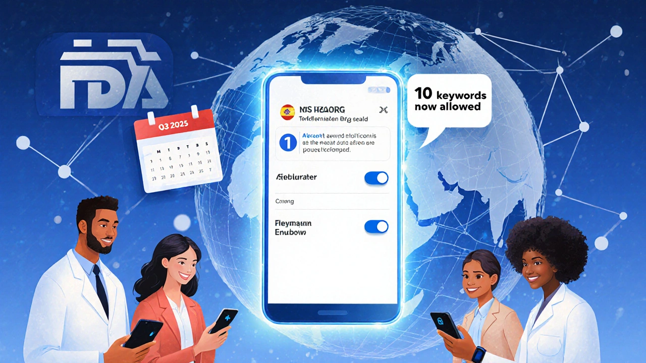 A smartphone displays a multilingual FDA alert app with push notifications, surrounded by icons for expanded keywords and upcoming 2025 features.