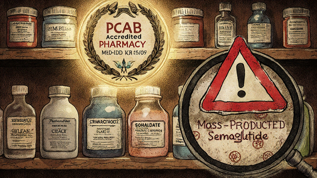 Accredited compounding pharmacy shelf with safe medications versus a dangerous counterfeit drug bottle.