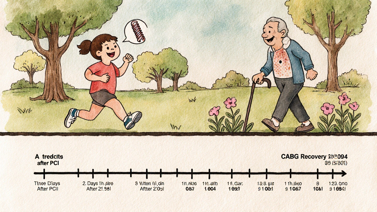 Comparison of quick PCI recovery versus slower but lasting CABG recovery with timeline and emotional cues.