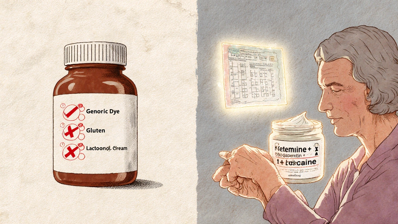 Comparison of standard pills with allergens versus a personalized pain-relief cream for an elderly patient.