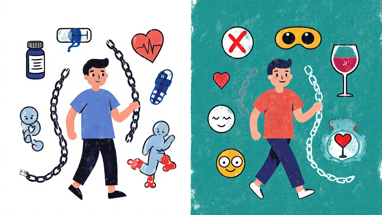 Contrasting images: one patient burdened by monitoring tasks, another free after ablation with healthy lifestyle symbols.