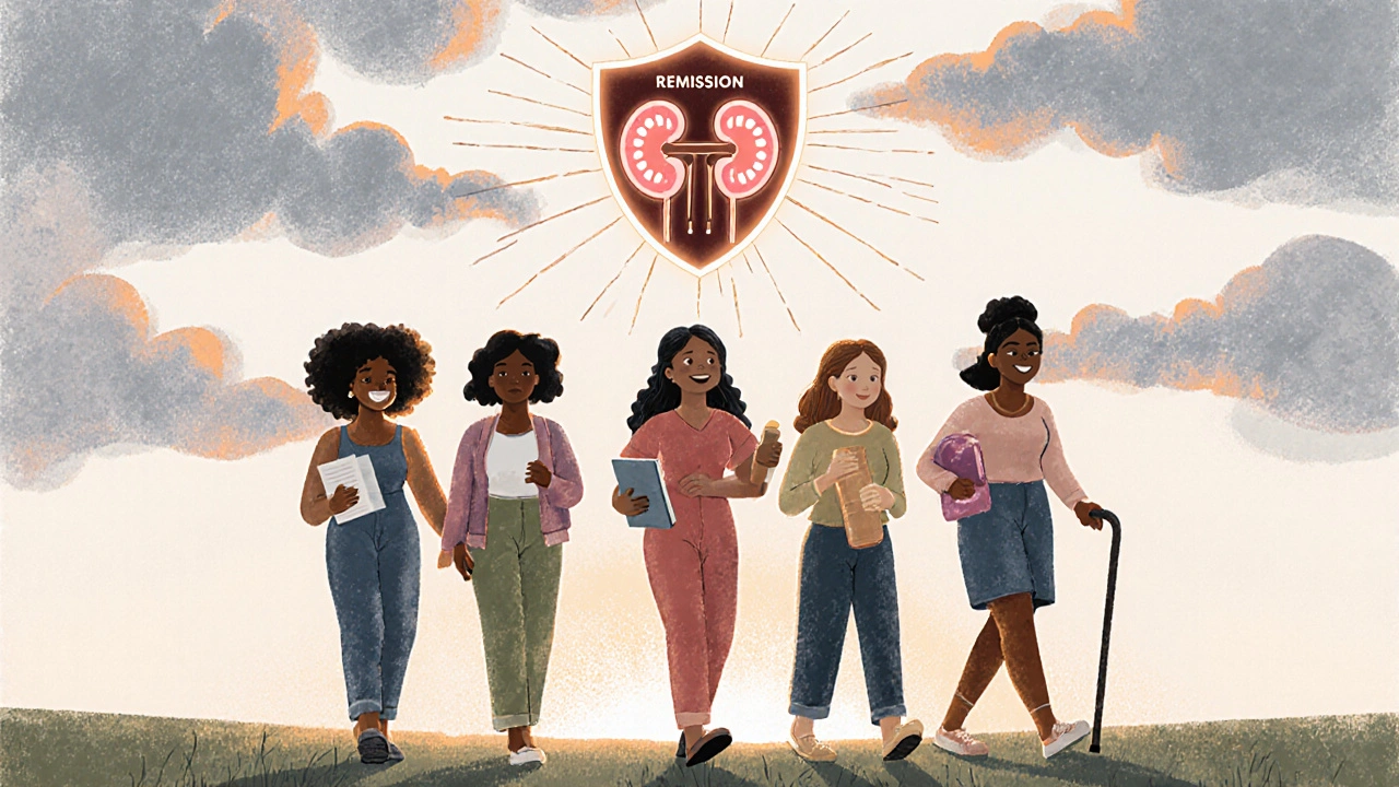 Diverse group of people with lupus managing health with journals and sunscreen