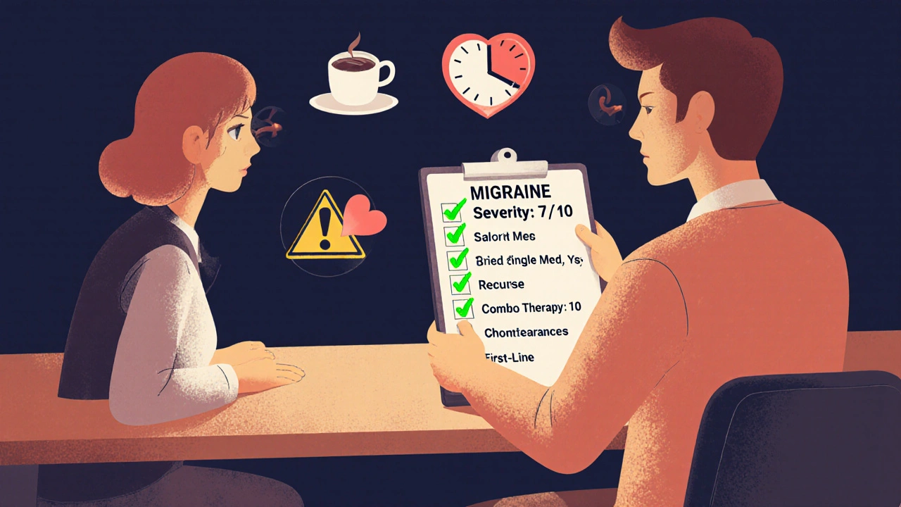 Doctor and patient discussing migraine treatment with visual checklist showing combo therapy as first-line.