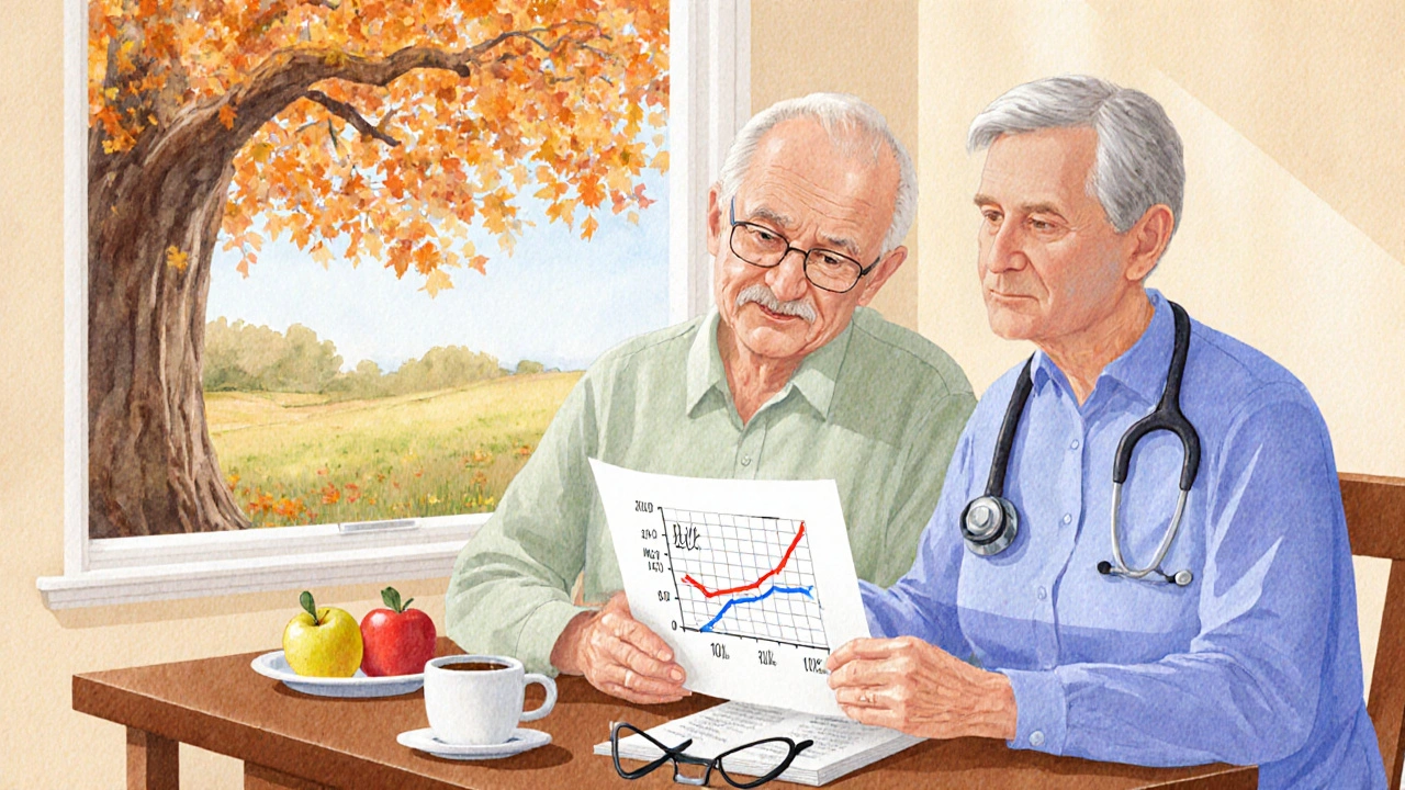 Doctor and senior reviewing cholesterol chart at a kitchen table with coffee and fruit nearby.