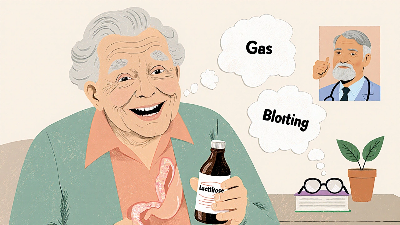 Elderly person taking lactulose syrup with gentle gas bubbles and doctor nearby.