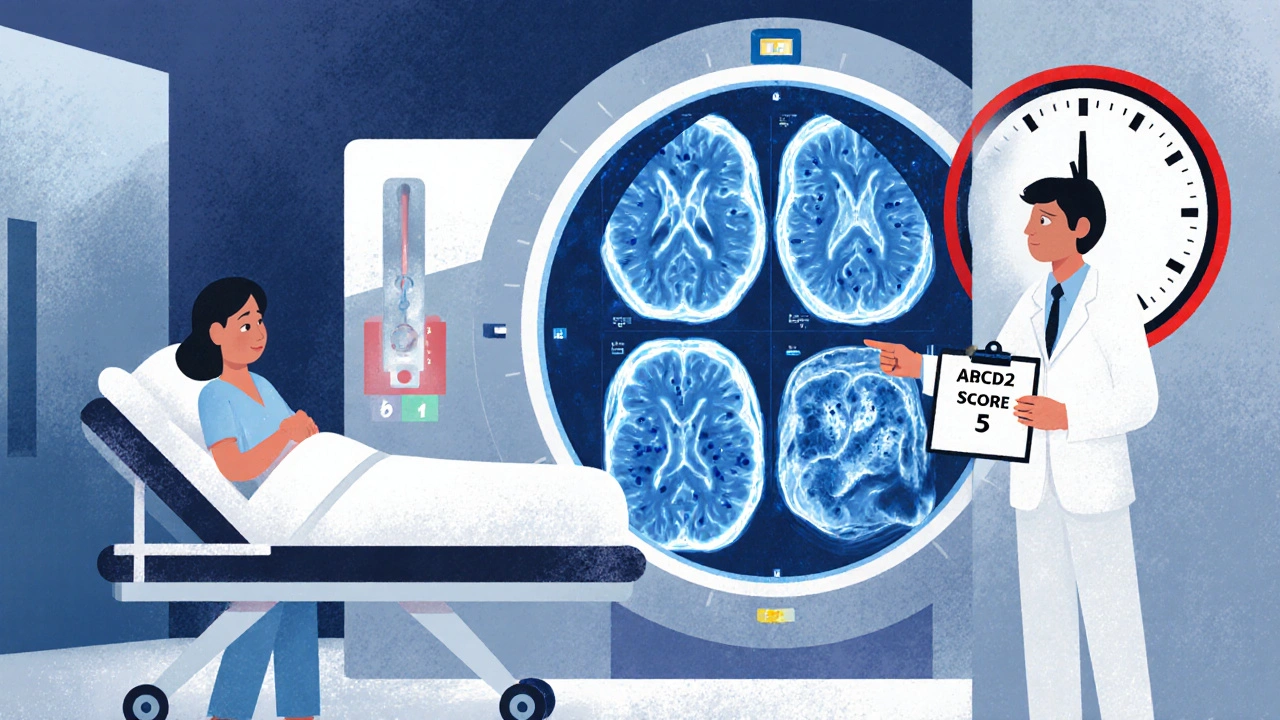 Emergency room scene with MRI scan showing brain infarcts and doctor reviewing ABCD2 score.
