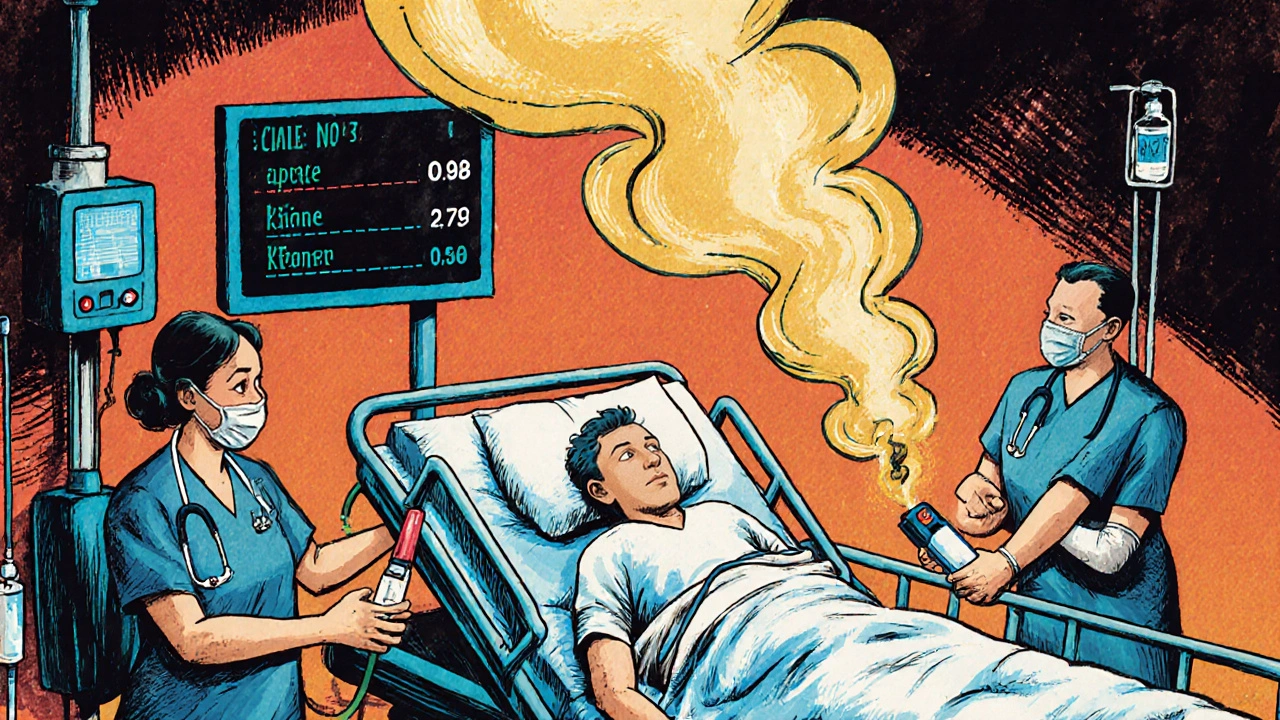 Emergency room staff treating a diabetic patient with IV fluids and insulin, ketone monitor in hand.