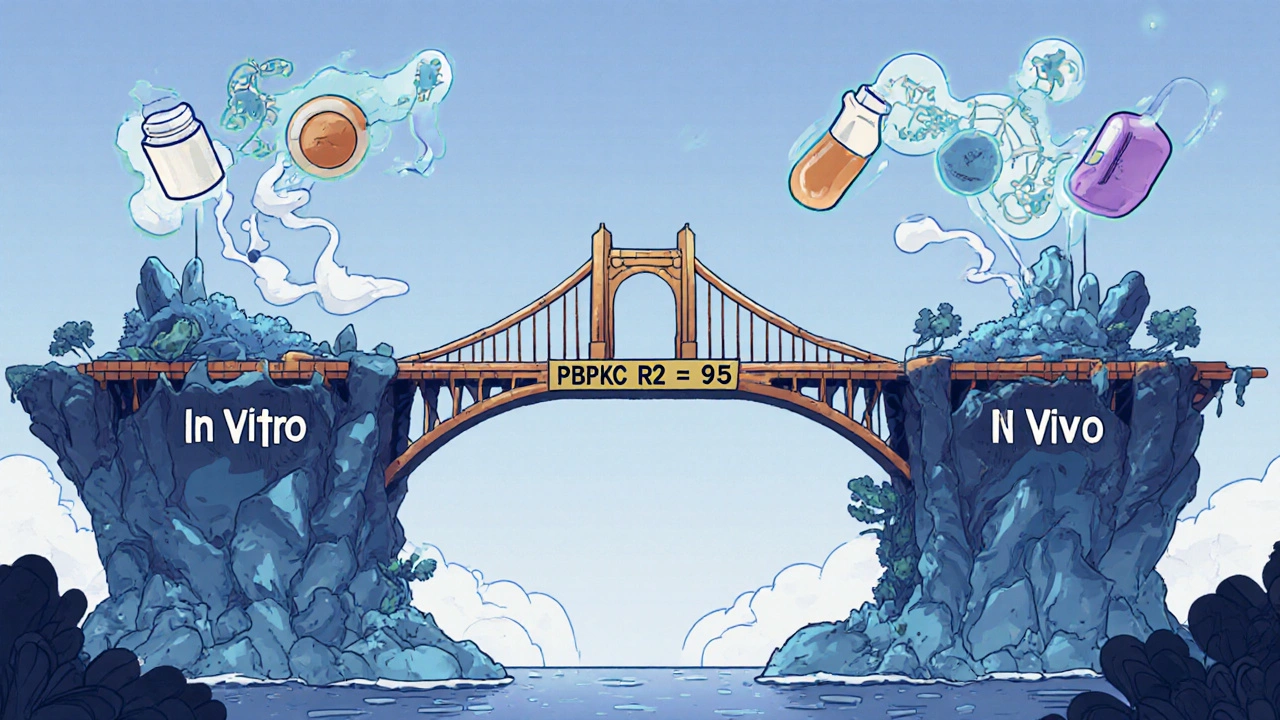 Futuristic bridge connecting in vitro and in vivo testing with AI models and IVIVC gateway glowing in the center.