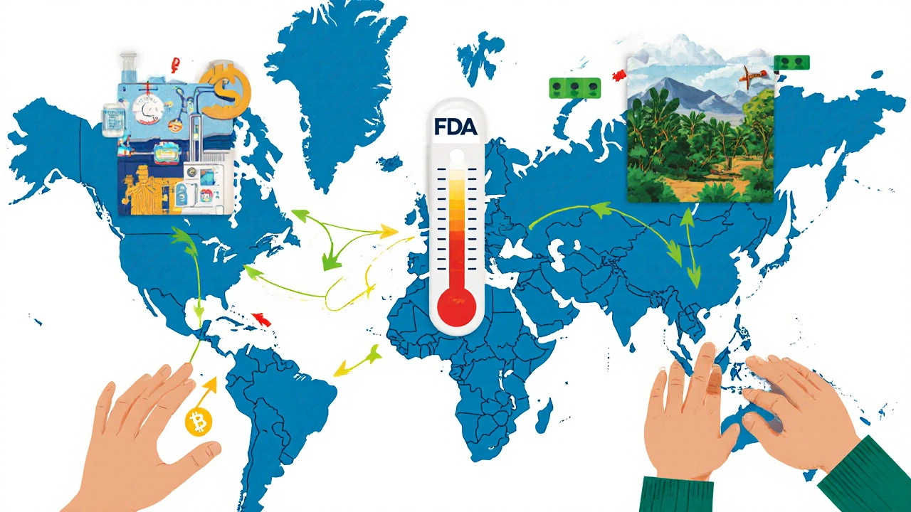 Global map showing generic drug pathways and climate zones with sensor and blockchain elements.