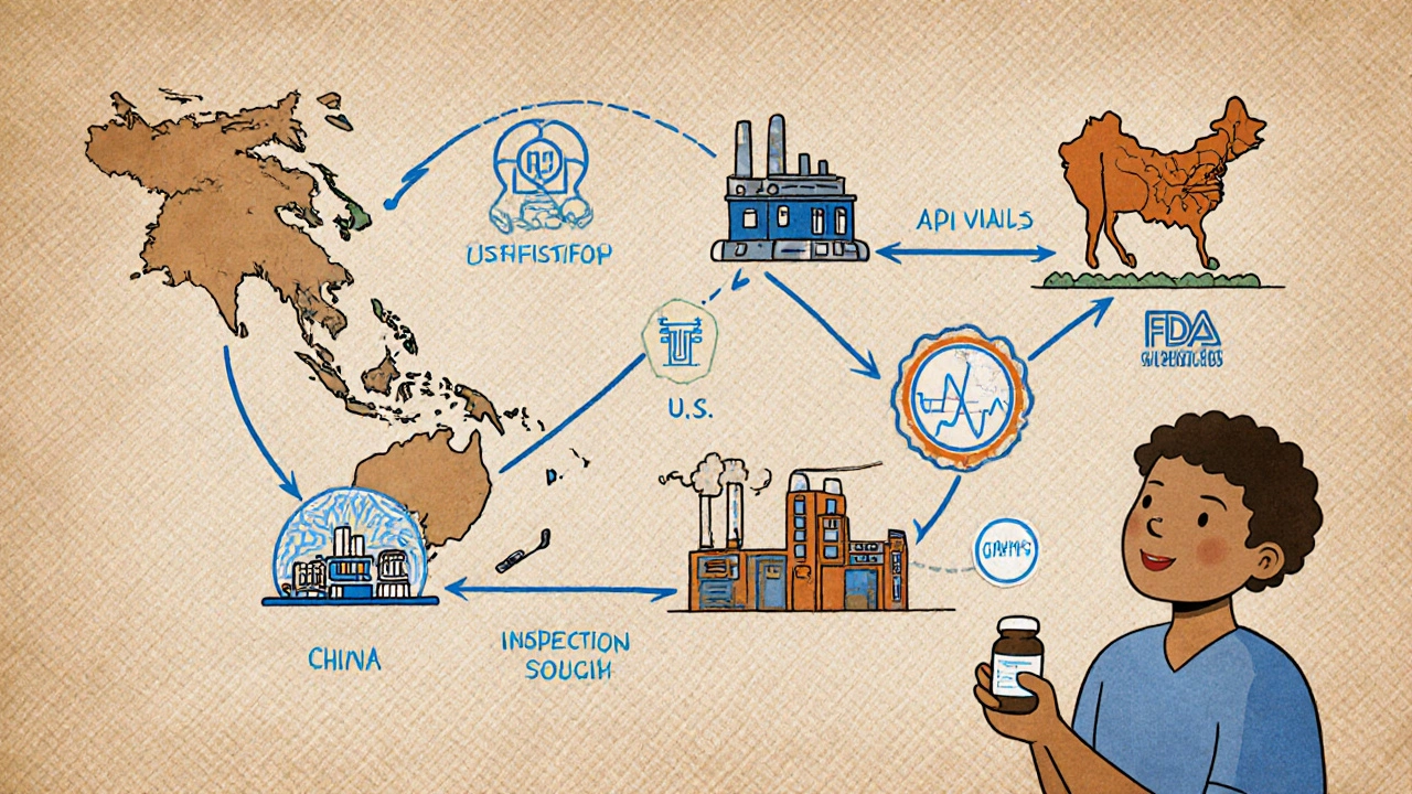 Global supply chain map showing generic drug flow from overseas factories to U.S. patients.