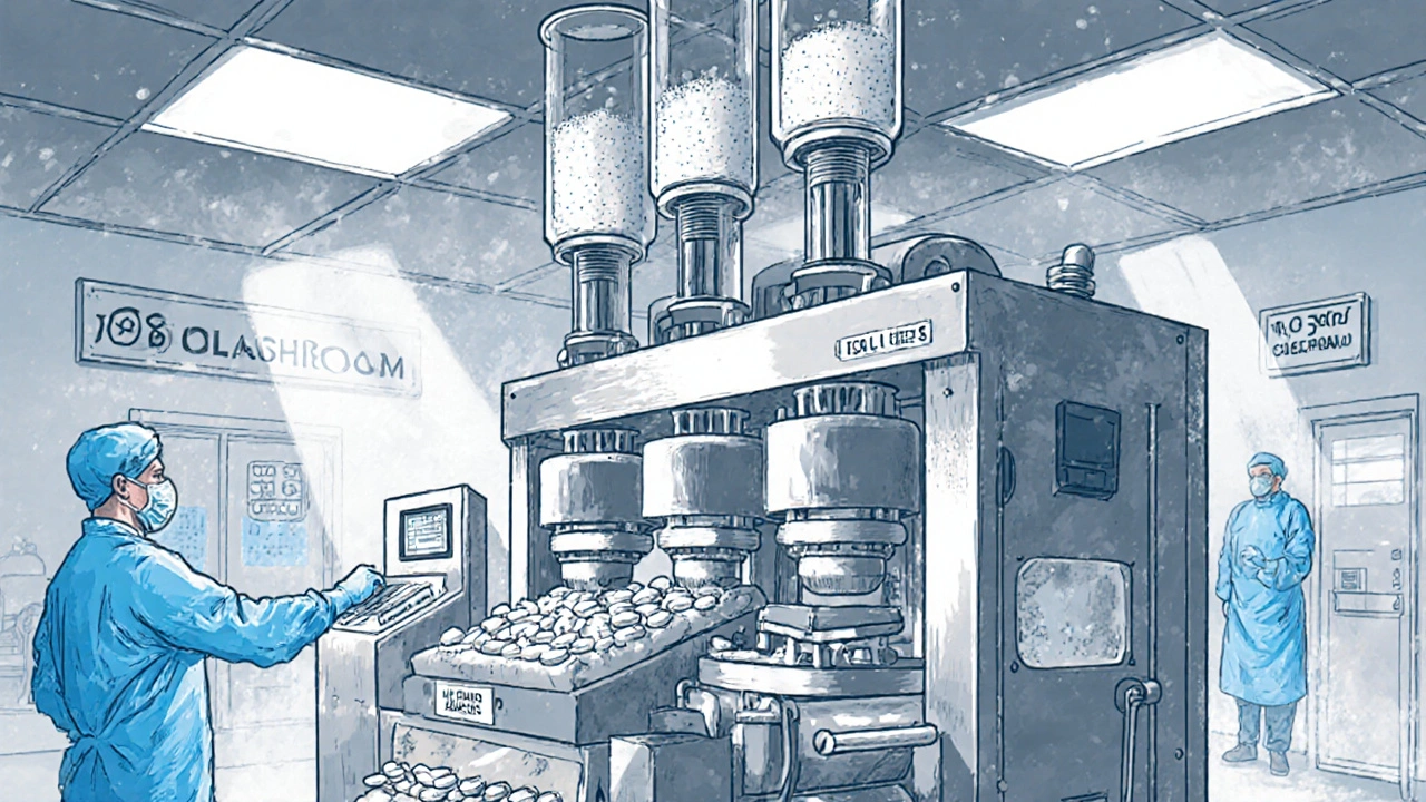 High-speed tablet press in a cleanroom producing pills with technicians monitoring the process.
