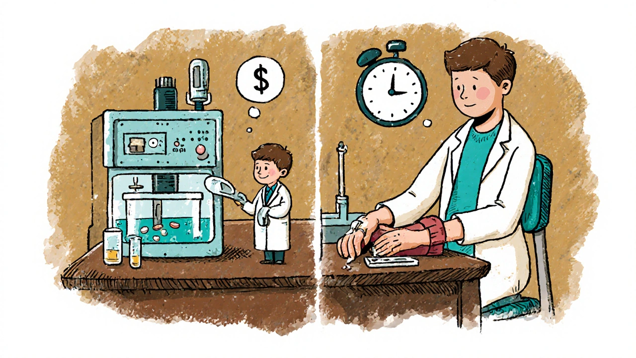 Laboratory scene comparing dissolution testing machine and human blood draw with cost and time icons.