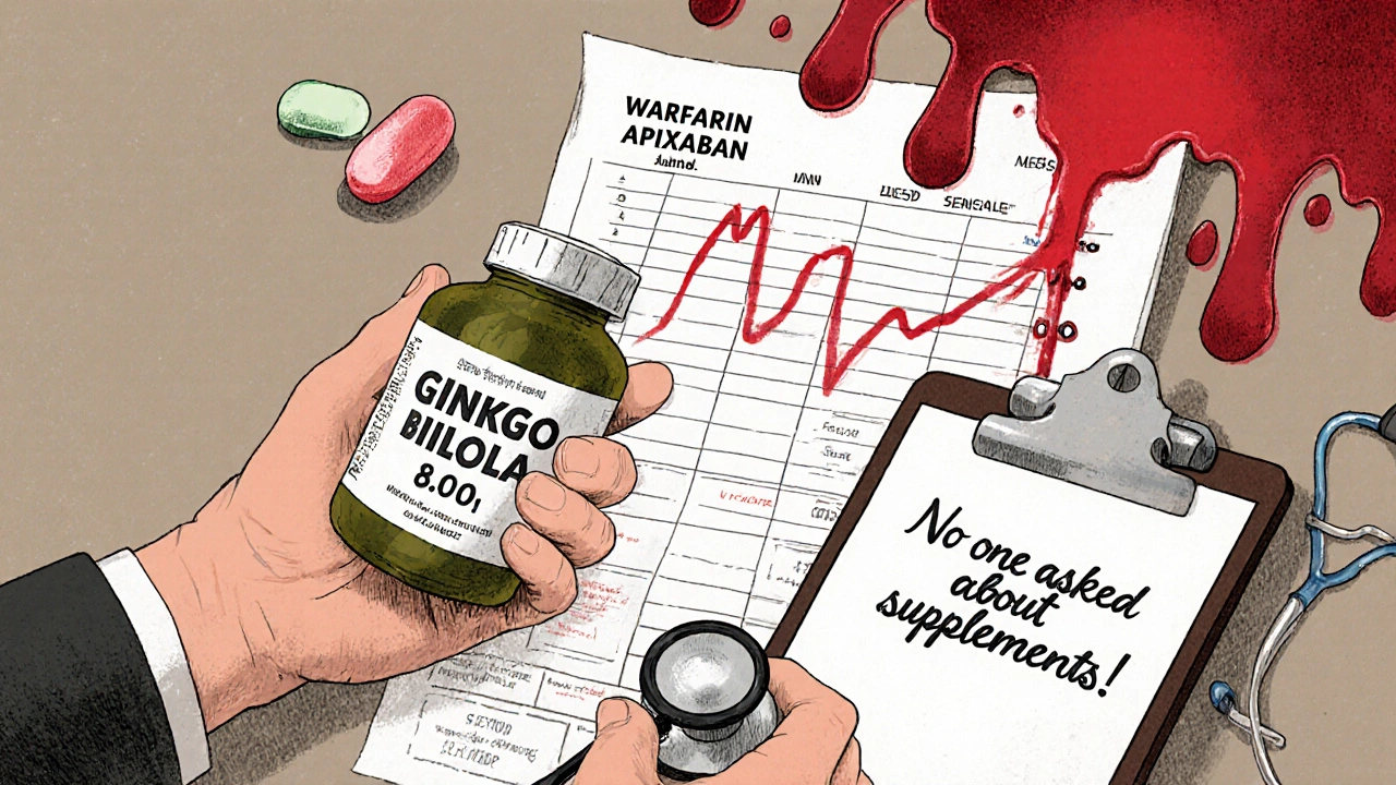 Man with ginkgo capsule causing blood thinners to spill, INR levels spiking dangerously high.