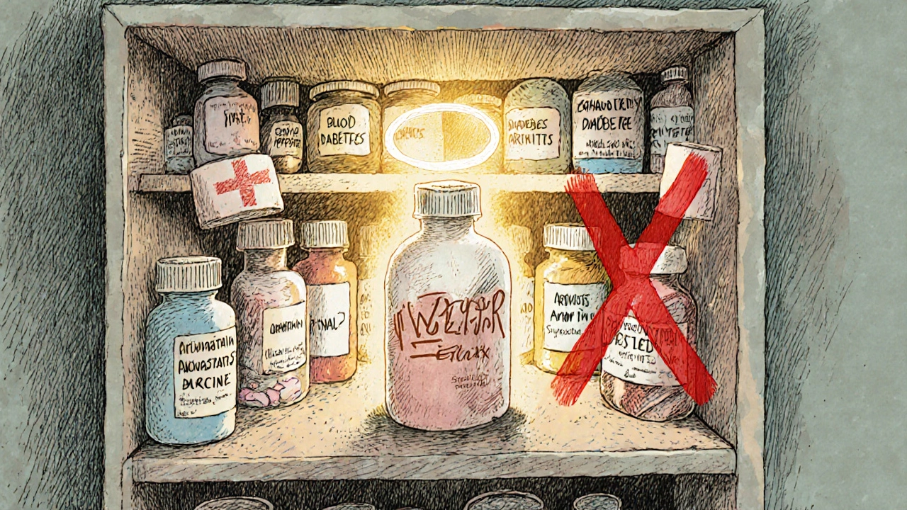 Medicine cabinet with pravastatin glowing safely among other pills, while others are crossed out.