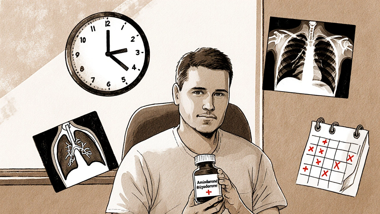 Patient holding amiodarone bottle with floating icons of lung, thyroid, and missed medical tests around them.