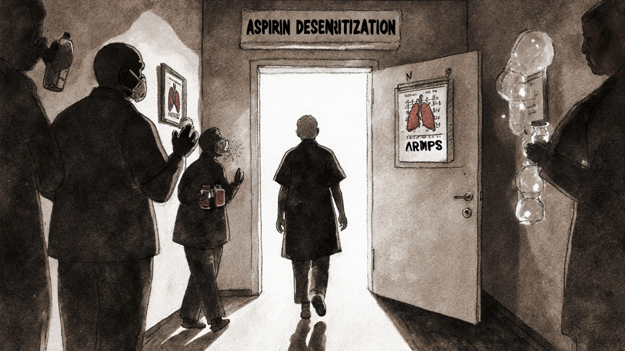 Patient walking toward aspirin desensitization room as past reactions fade behind them