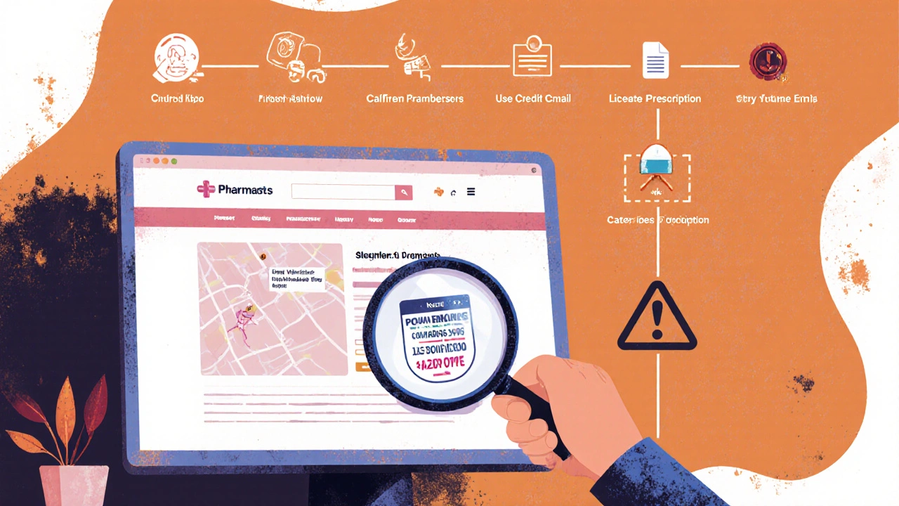 Person using a magnifying glass to verify a pharmacy&#039;s legitimacy with physical address and licensed pharmacist.