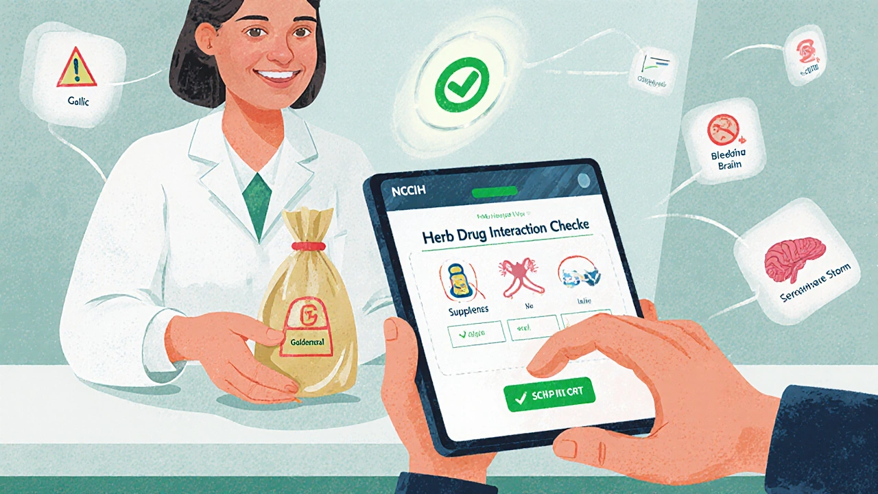 Pharmacist checking herb-drug interactions while patient hands over supplements with warning icons.