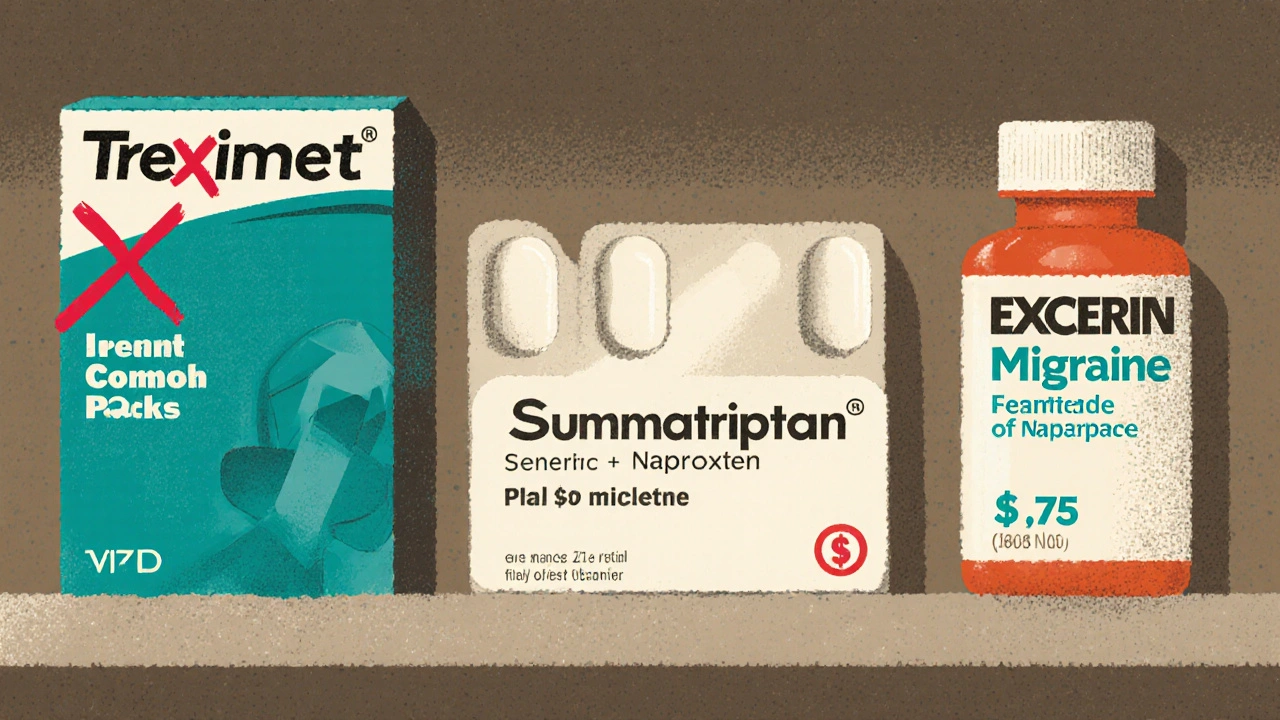 Pharmacy shelf comparing expensive brand-name migraine med to cheap generic and OTC options.
