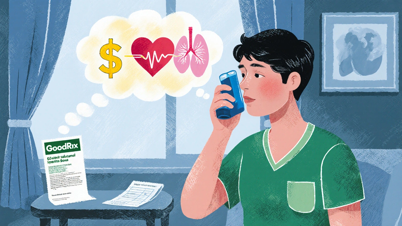 Someone using a generic inhaler at home with a thought bubble showing a dollar turning into breath.