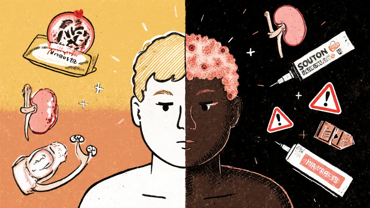 Split-body illustration showing lupus effects on joints, skin, and kidneys