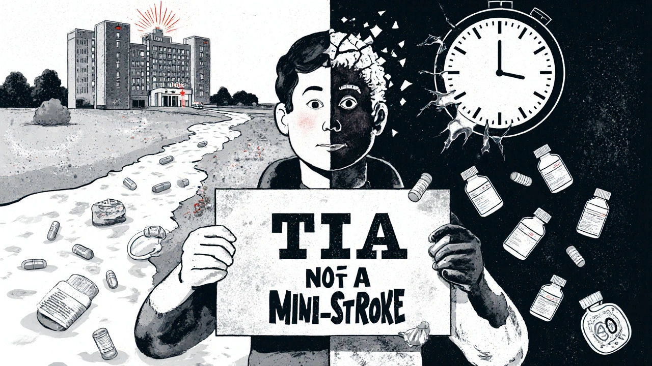Split figure representing TIA vs. stroke, with medical symbols and melting clock in background.