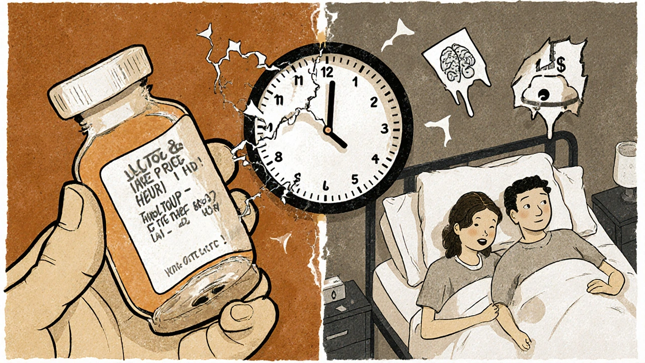 Split illustration: skipping insulin due to cost leads to unconsciousness in hospital, clock melting away.