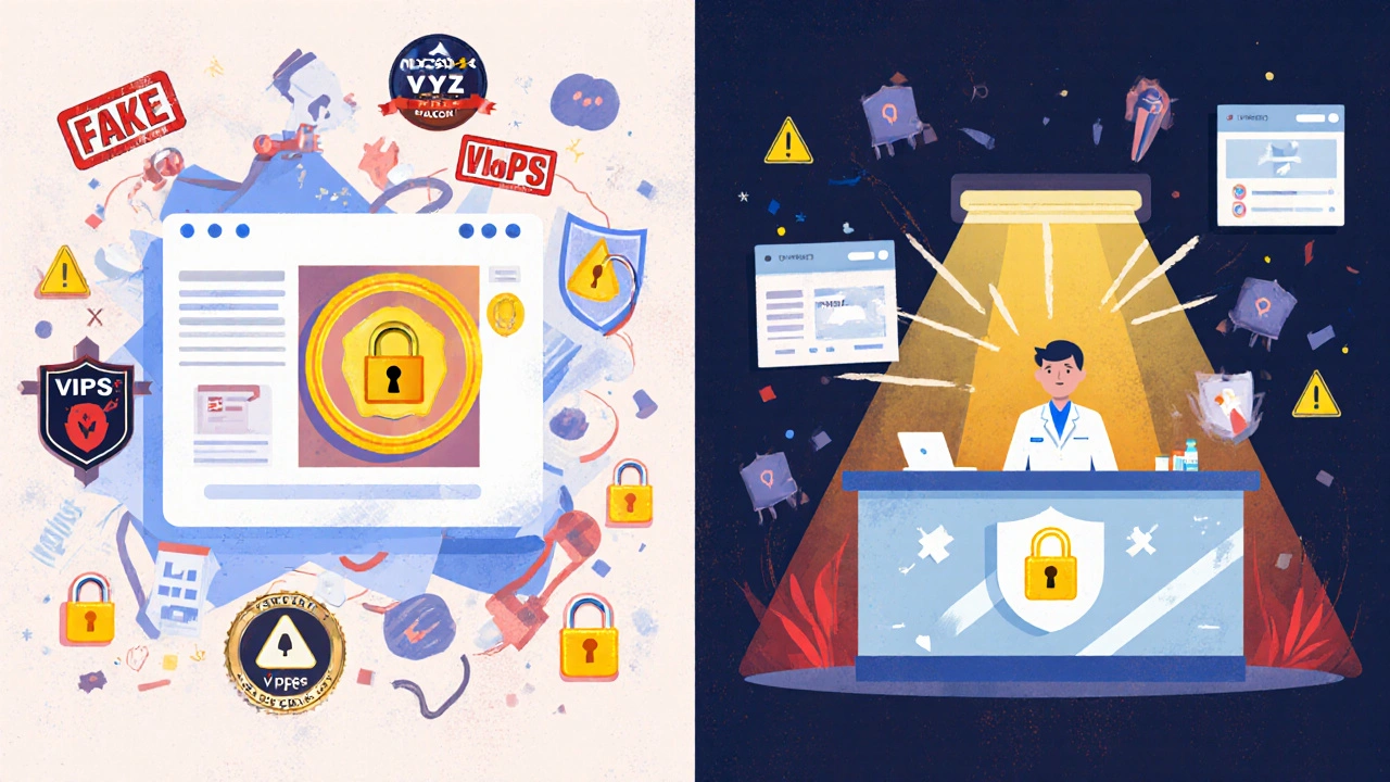 Split scene: chaotic unsafe pharmacy site vs. clean, certified .pharmacy site with secure data protection.