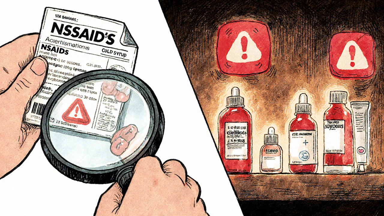 Split scene: hidden NSAIDs in everyday medicines vs. safe alternatives glowing on shelf
