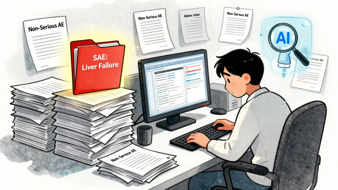 A desk flooded with non-serious adverse event reports, with one critical red folder glowing under a spotlight.