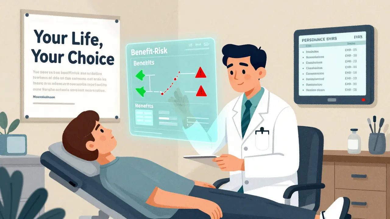 A doctor viewing a holographic patient risk-benefit profile in a modern clinic.