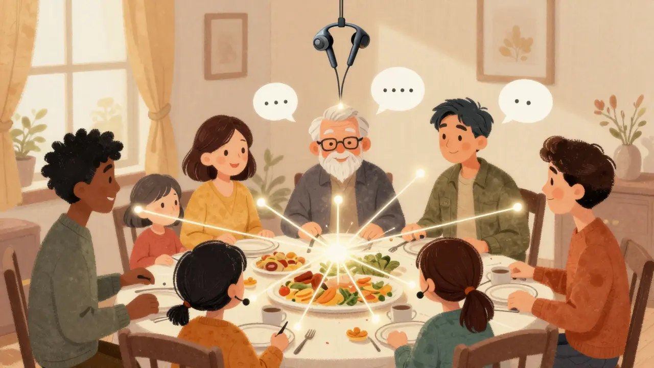 A family dinner with multiple microphones sending sound signals to one person's hearing aids, symbolizing clearer group conversation.