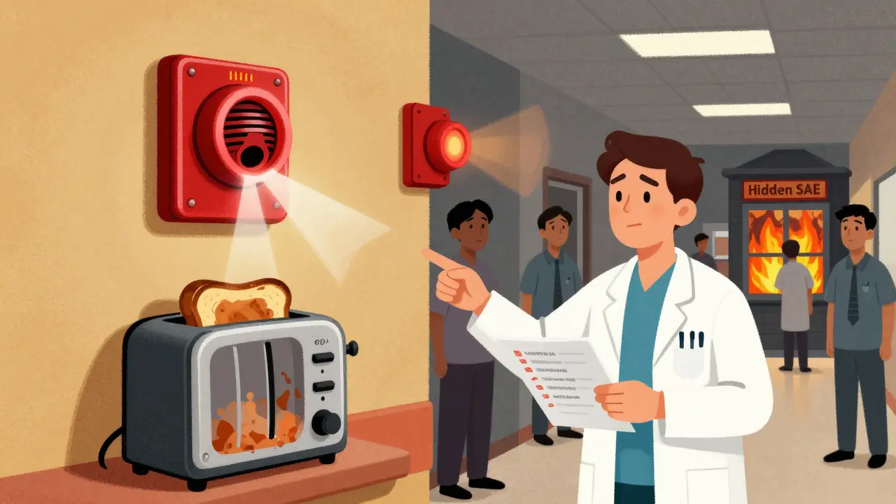 A hospital fire alarm system misfiring over toast while a real fire goes unnoticed, with a clinician pointing to the danger.