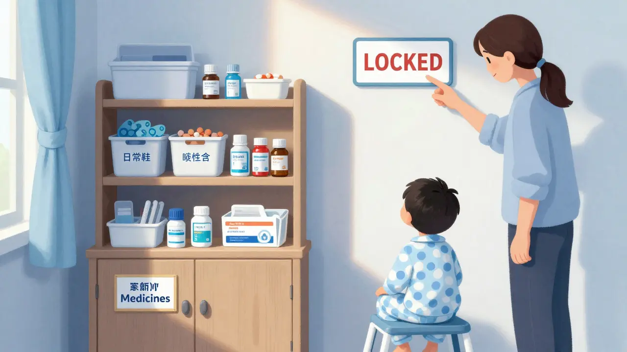 A locked bedroom cabinet with organized medicine bins, a child looking up from a stool, safe and calm.