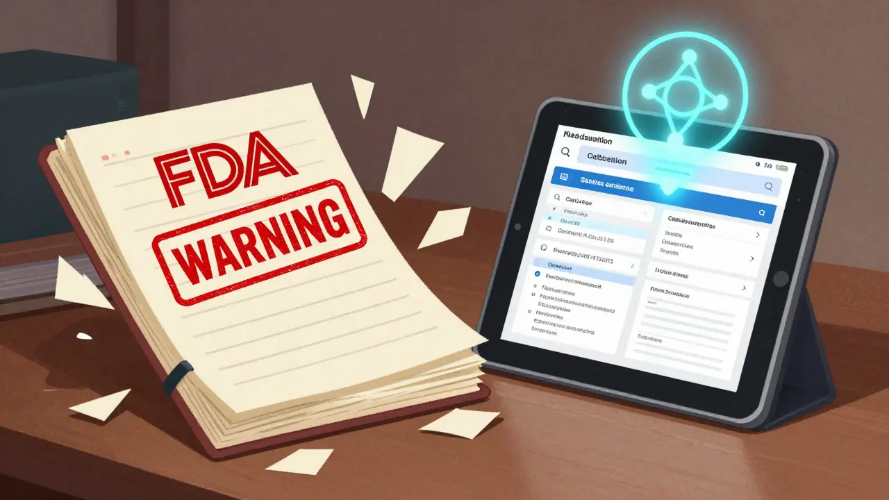 A paper logbook with an FDA warning stamp next to a digital tablet displaying cloud-based calibration data.