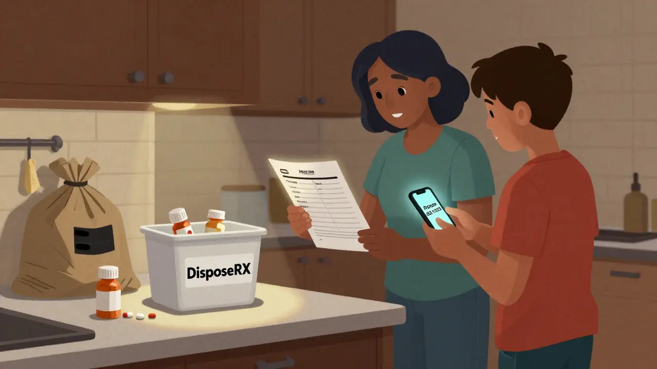 A parent and teen disposing of expired meds with DisposeRX powder, holding a printed medication list.