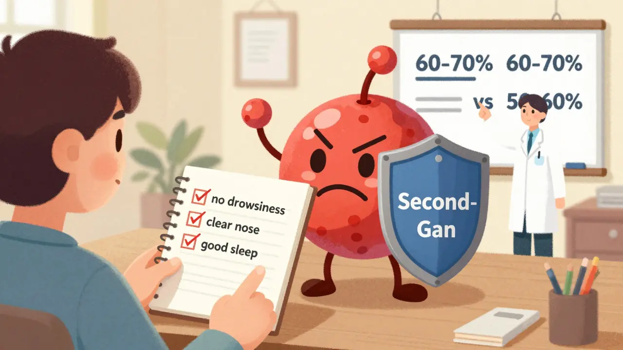 A person keeping a symptom diary as a blocked histamine molecule is defeated by a second-generation shield.