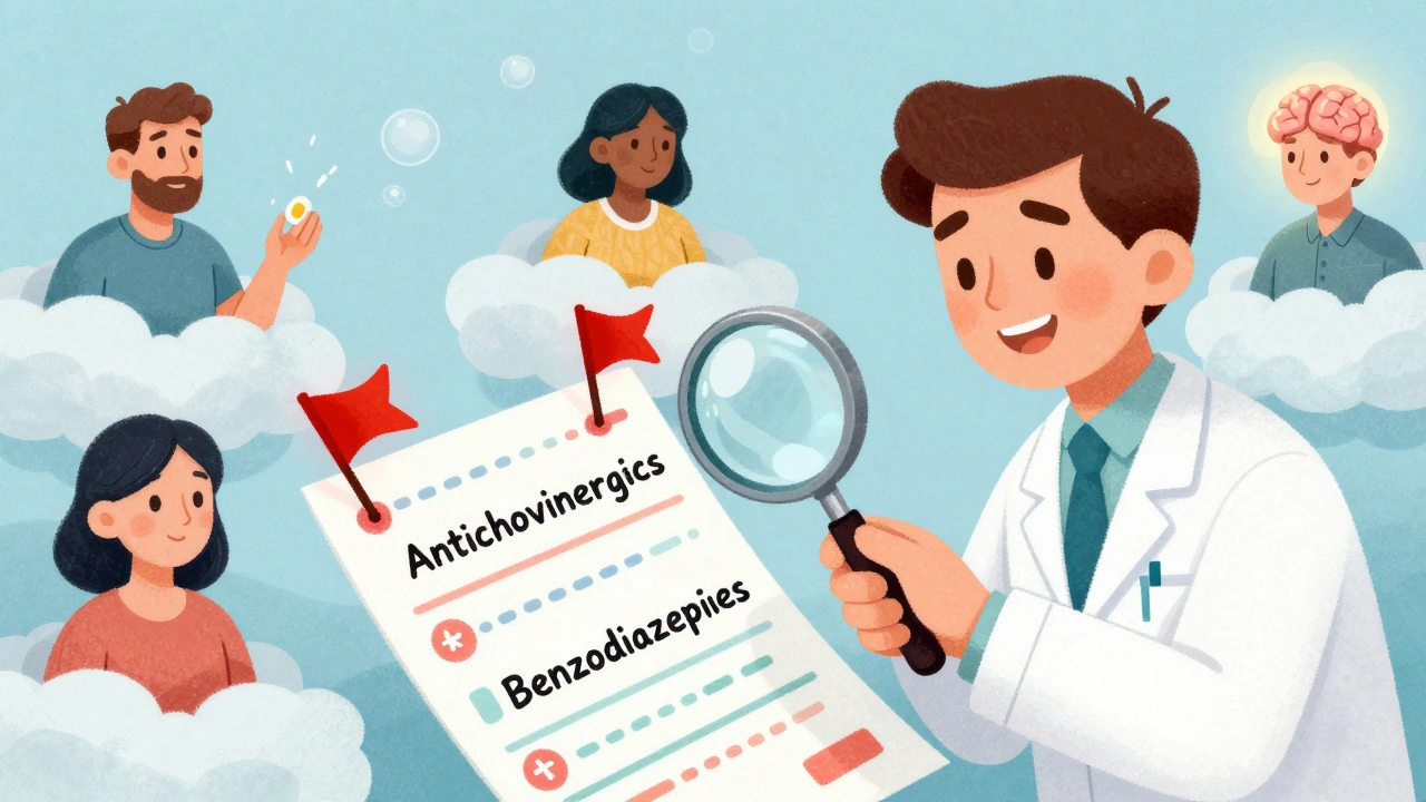 A pharmacist reviewing a flagged prescription chart as patients emerge from mental fog.