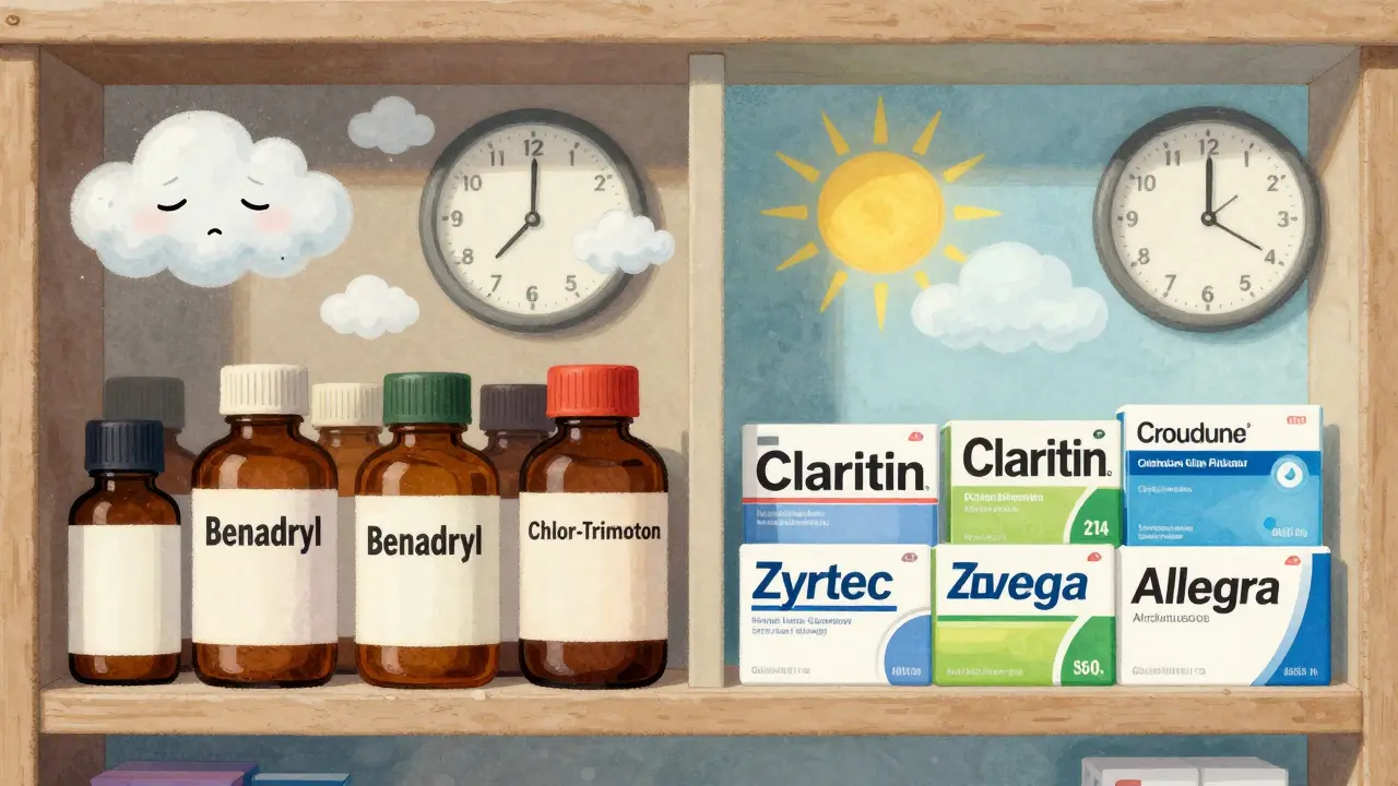 A pharmacy shelf divided into old antihistamines with sleepy clouds and modern ones with sun rays.