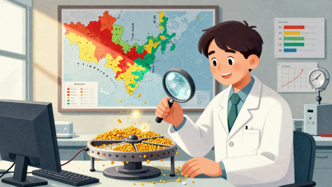 A scientist examines a pollen-catching rotorod device under a magnifying glass in a lab with a city map showing pollen levels.