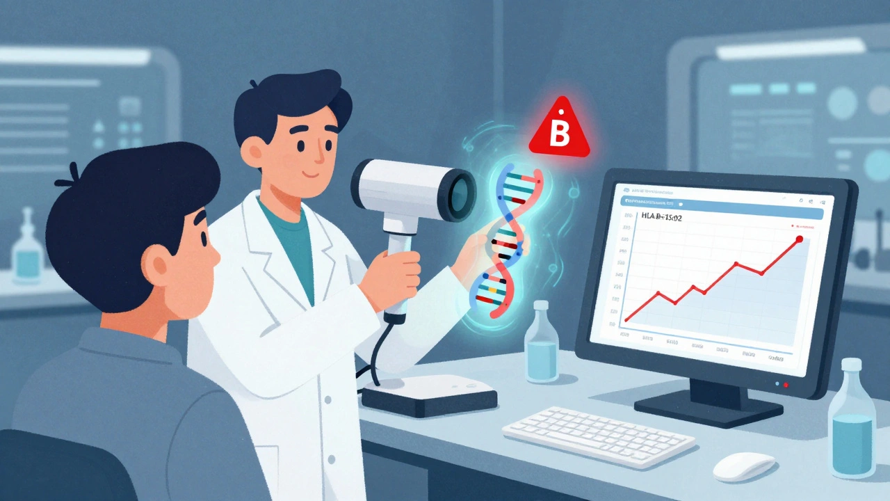 A scientist scanning DNA to detect a genetic risk for a severe drug reaction, with AI data flowing in the background.