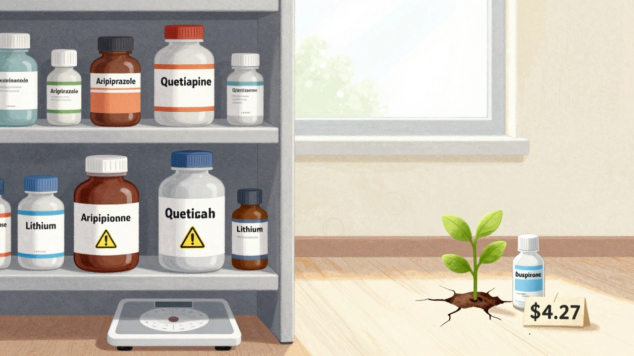 A side-by-side comparison of heavy psychiatric meds versus a small, affordable buspirone bottle with a growing plant.