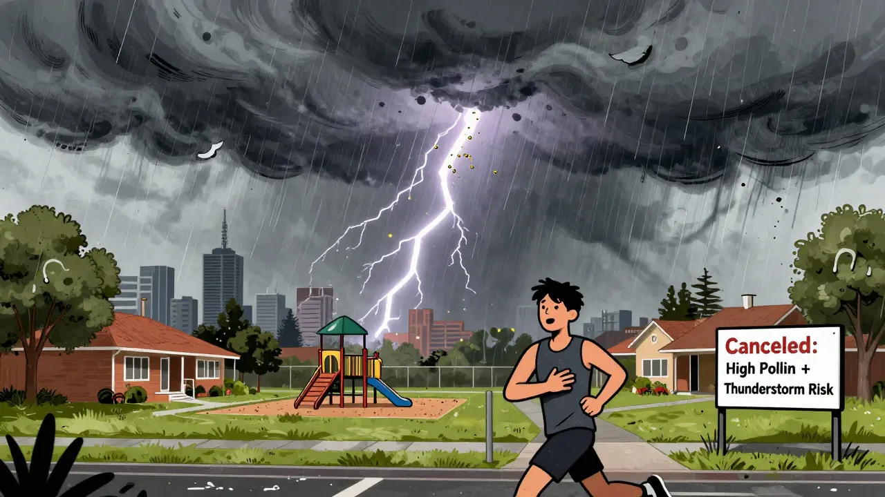 A thunderstorm spreads shattered pollen grains over Melbourne as a runner reacts to sudden breathing trouble.
