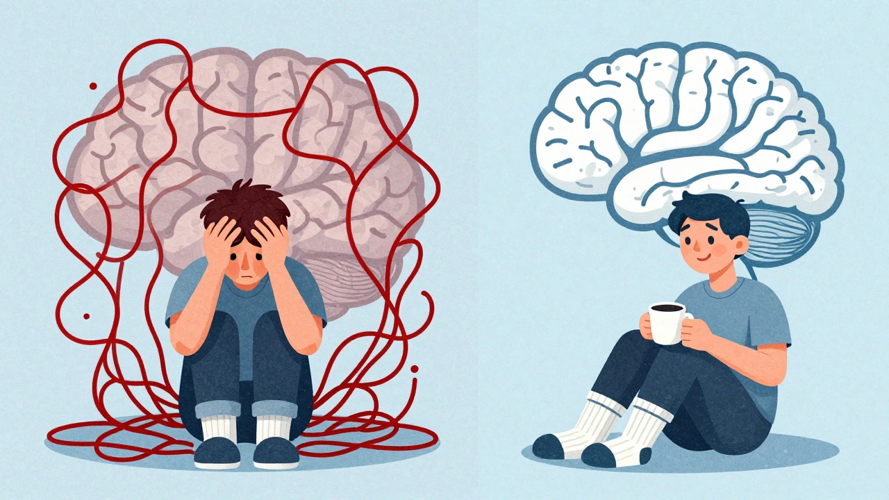 Before and after: tangled brain signals vs. clear neural pathways as pain transforms to relief.
