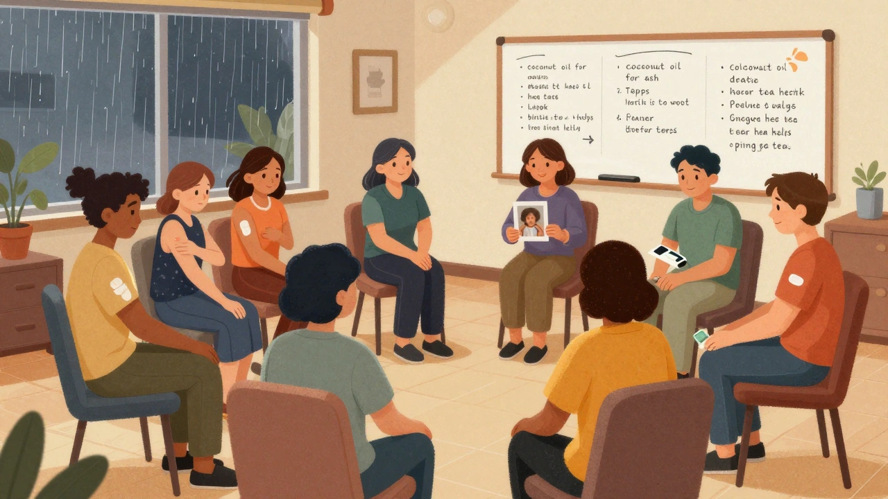 Diverse group of breast cancer patients sharing tips and support in a cozy community room.