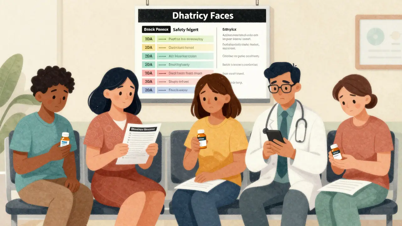 Diverse patients in a clinic holding medications with black box warnings, one reading the warning label.