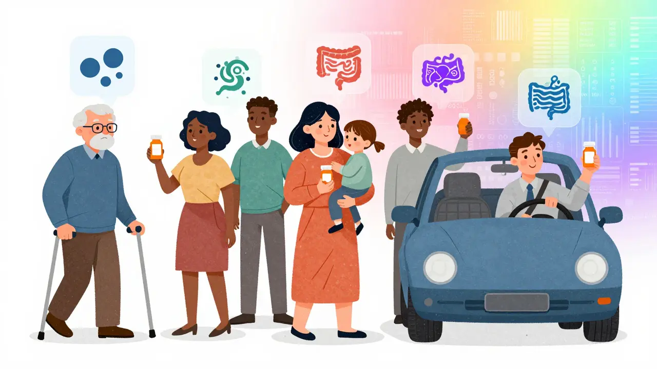 Diverse patients with personalized risk icons floating above them, representing genetics and lifestyle.