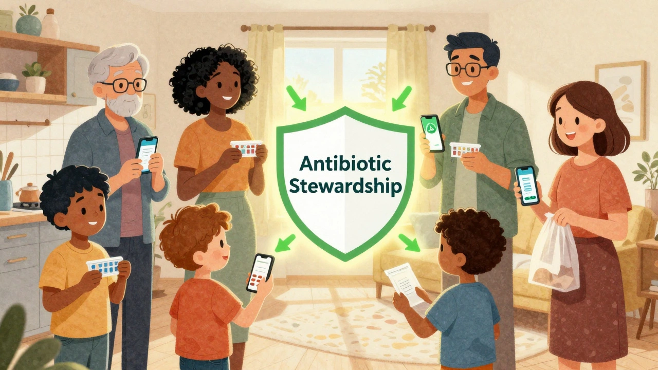 Diverse people at home connected by green arrows toward antibiotic stewardship shield
