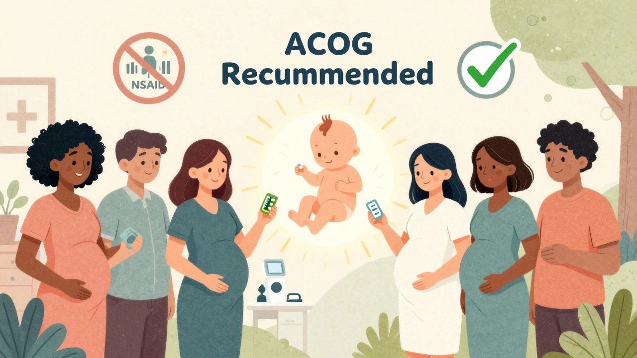 Diverse pregnant people with safe medications, connected by light to a healthy baby icon.