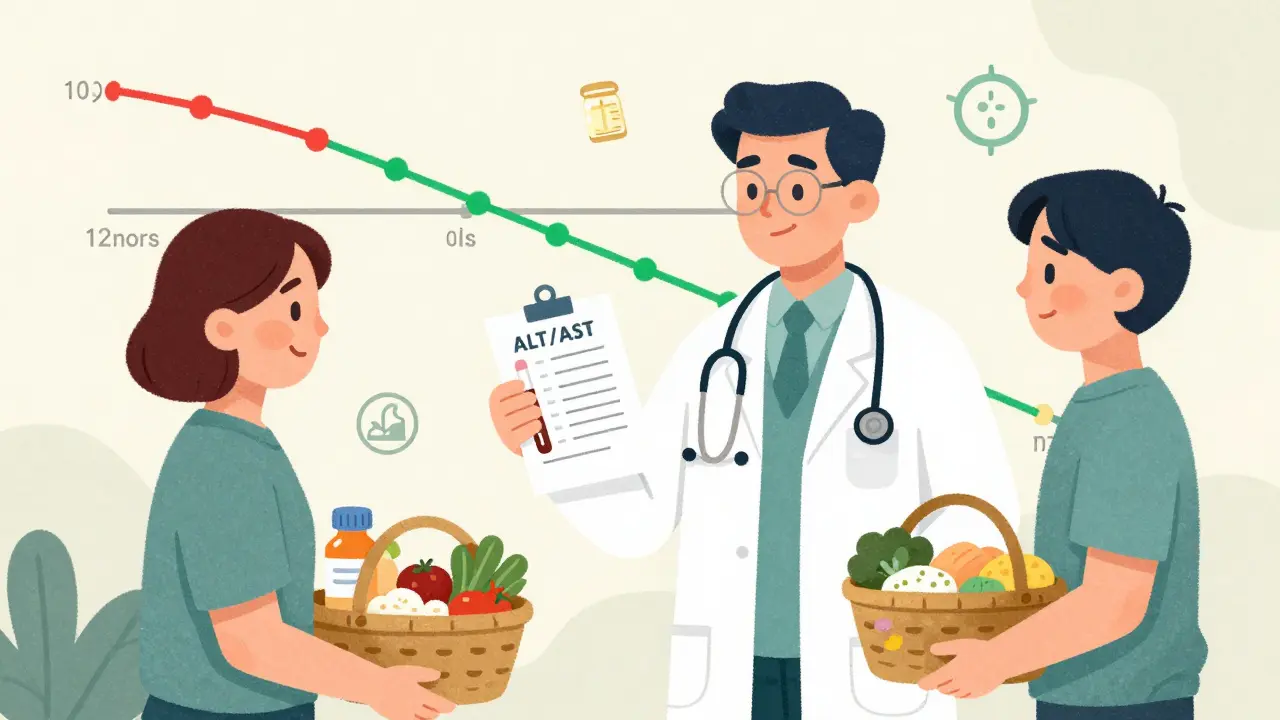 Doctor and patient with blood test showing liver enzymes improving over time, surrounded by healthy food and medical icons.
